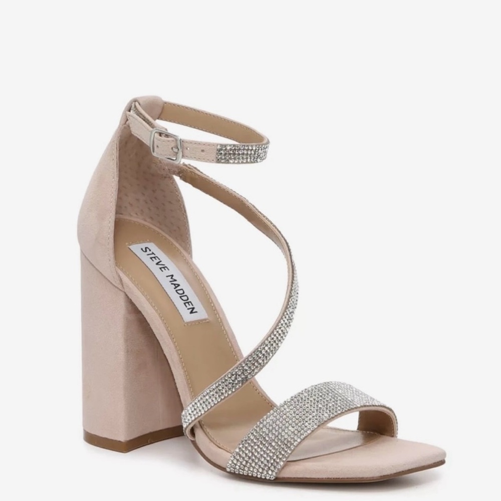 Steve Madden Nude Rhinestone Strappy Suede Block Heels.